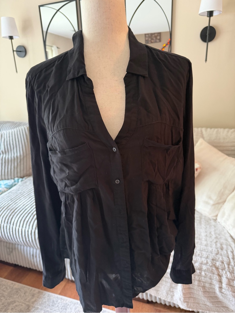 Maeve Black Long-Sleeve Button Down Pocket Blouse size M